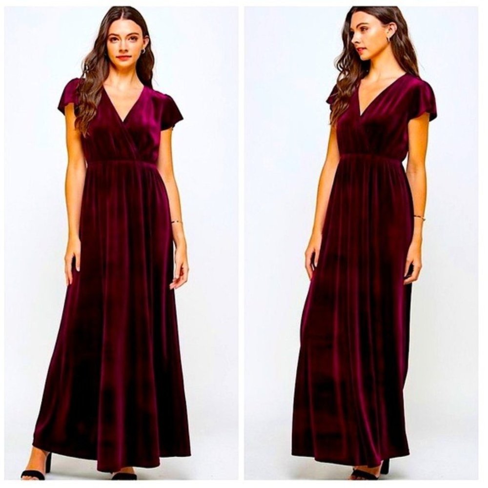 NWT Burgundy Velvet Flutter Sleeve Formal Maxi Dress